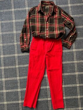 J Crew crewcuts Boys Holiday Outfit sz 7. Red Corduroy Pants and plaid shirt